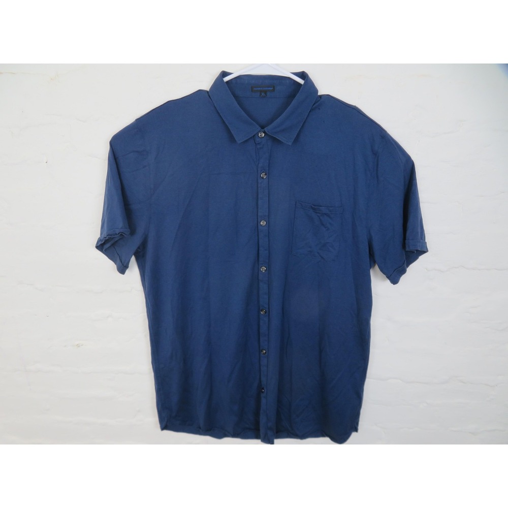 Patrick Assaraf Shirt Mens XL Blue Silk Cotton Short Sleeve Button Front